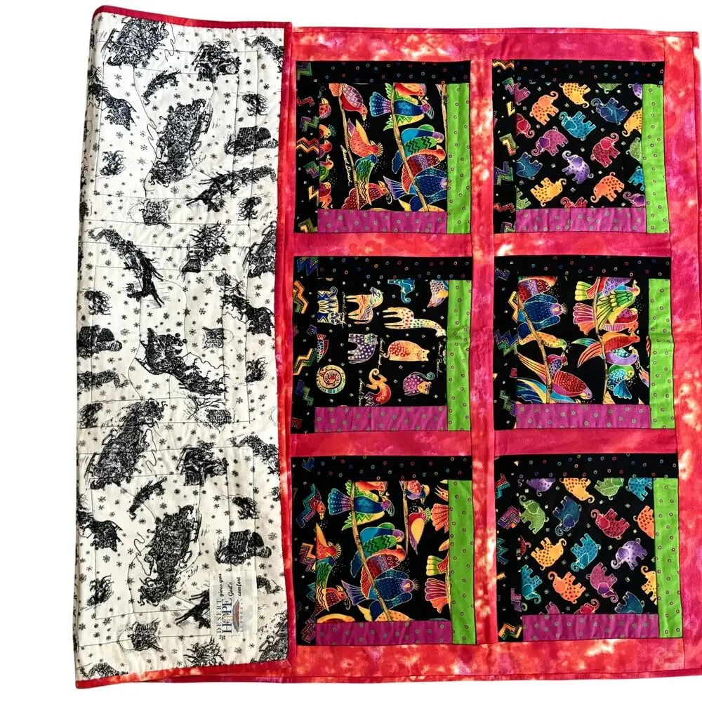 Vintage Laurel Burch Reversible Patchwork Quilt Throw Handmade Cat Dog Boho